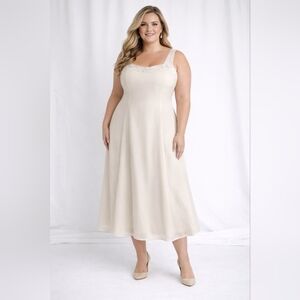 Marcelle Couture Size 20 Ivory Beaded Pearl Neckline Formal Wedding Guest Gown